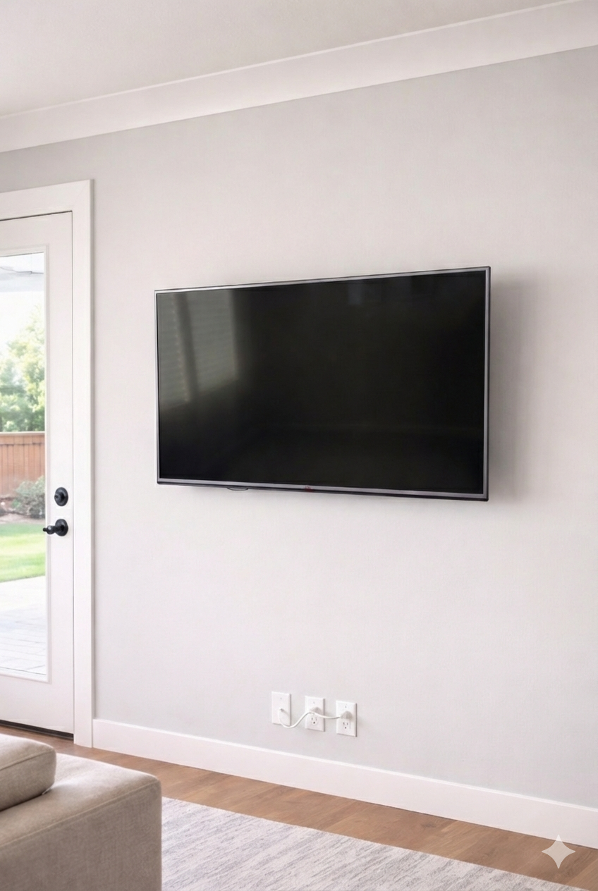 Flat-screen television mounted on a white wall in a living room, with a door leading outside and electrical outlets below.