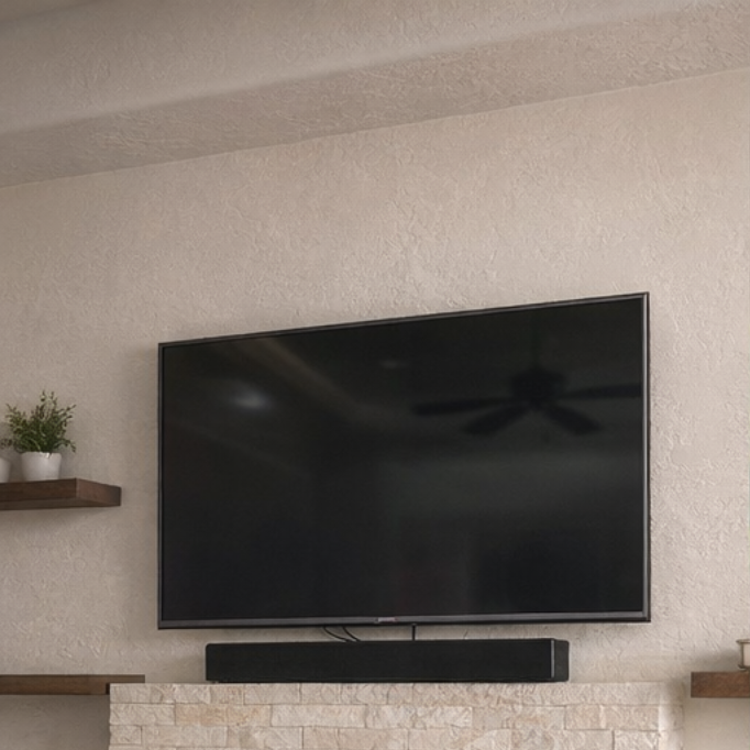 Flat-screen television mounted on a wall above a fireplace, with a soundbar underneath, and two small potted plants on wall-mounted shelves.