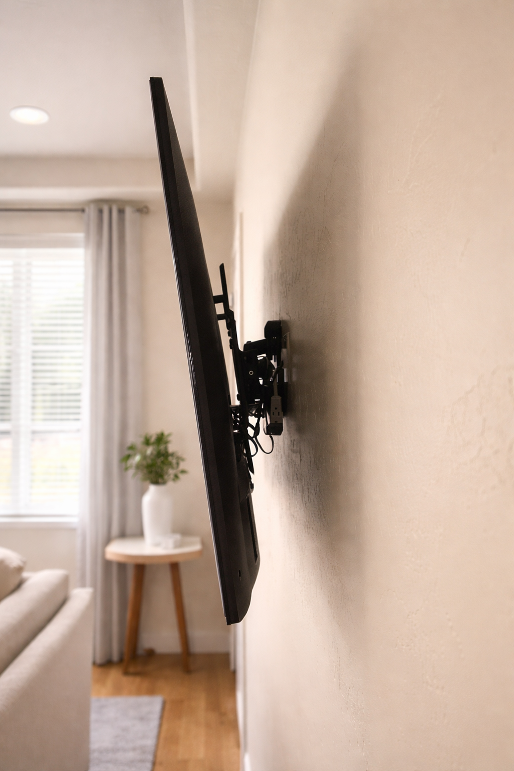 Side view of a flat-screen TV mounted on a beige wall in a living room, with a window, curtains, and a small table with a potted plant in the background.