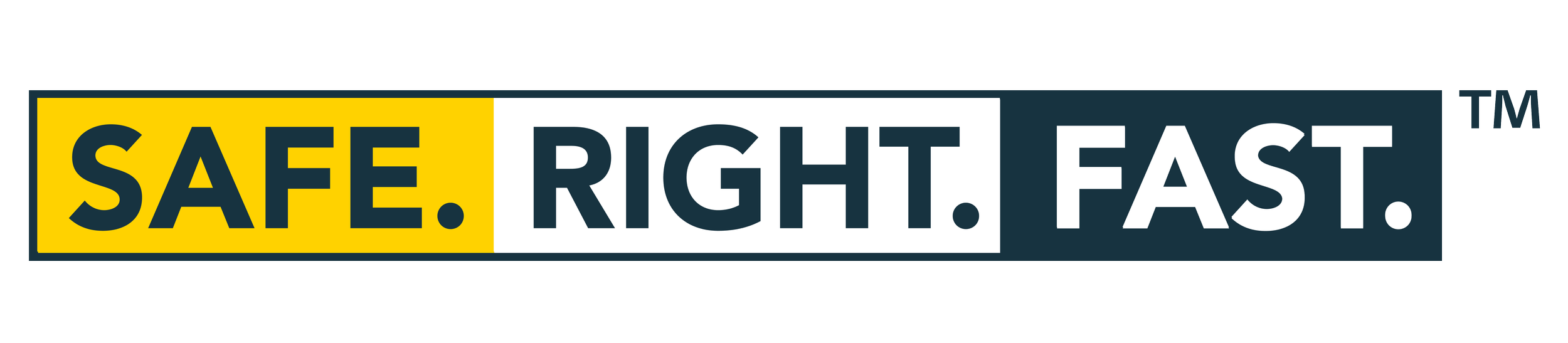 A horizontal advertising sign with the text 'SAFE. RIGHT. FAST.' in bold black letters, yellow and white backgrounds, and black border.