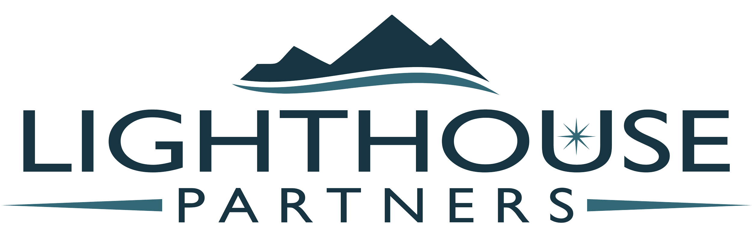 Logo of LightHouse Partners featuring mountain, waves, and star design elements.