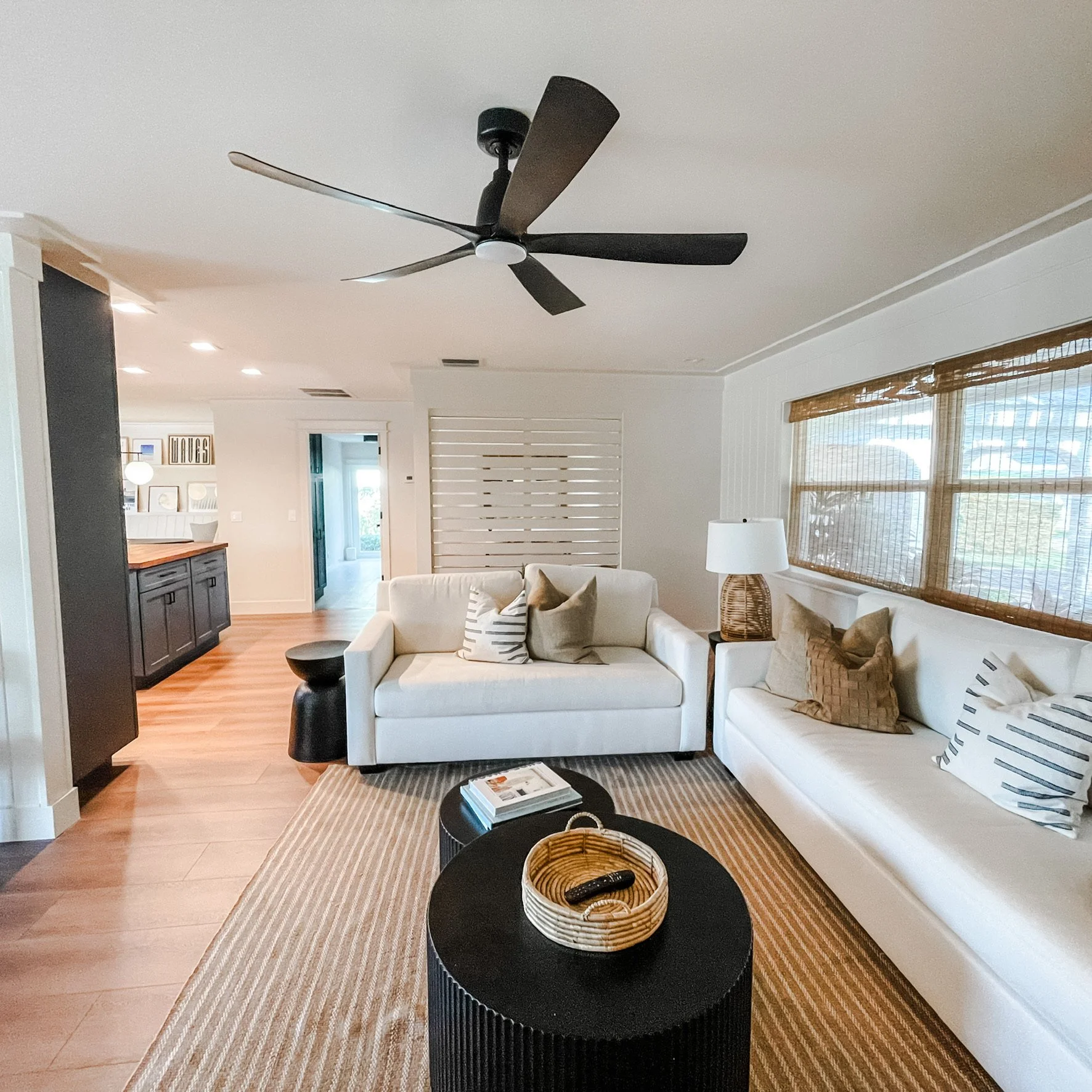 Custom entry wall slat wall. Custom wall paneling in Living Room space