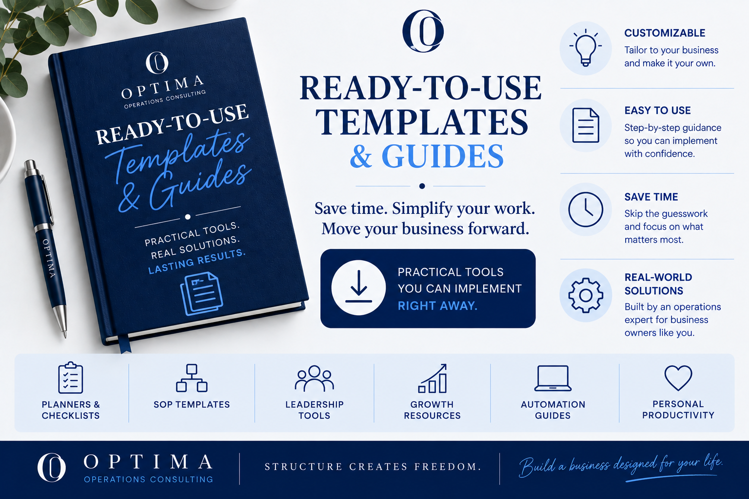 A promotional graphic for Opitma Operations Consulting showcasing ready-to-use templates and guides. The image features a blue notebook, a pen, and icons with descriptions highlighting the product's customization, ease of use, time-saving, and real-world solutions. Bottom icons indicate templates for planners, SOPs, leadership, growth, automation, and personal productivity.