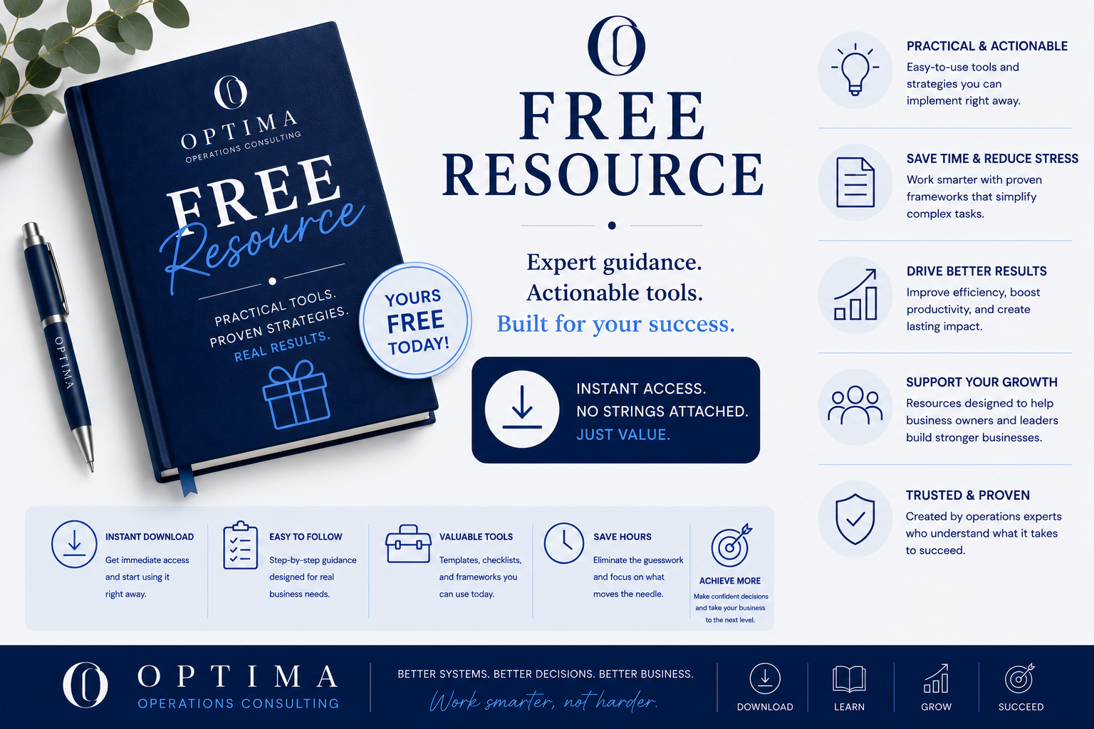 A promotional flyer for a free resource booklet from Optima Operations Consulting. The flyer features a blue hardcover booklet titled 'Free Resource' with a pen beside it, and detailed benefits listed on the right side including practical tools, expert guidance, time-saving strategies, and proven results. The flyer emphasizes instant access, easy follow-through, valuable tools, and support for business growth.