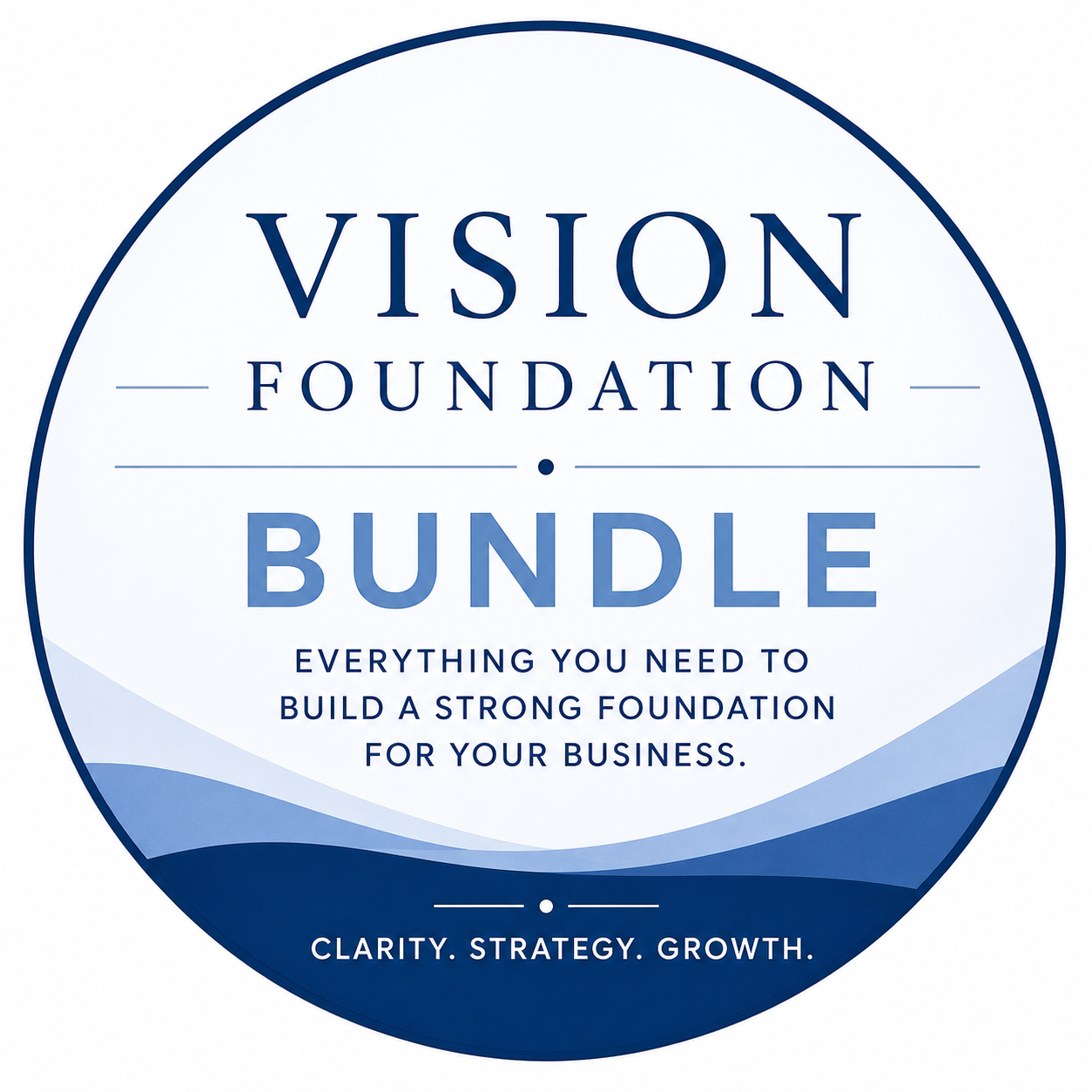 A circular logo for the Vision Foundation Bundle, with text indicating it provides everything needed to build a strong business foundation, emphasizing clarity, strategy, and growth.