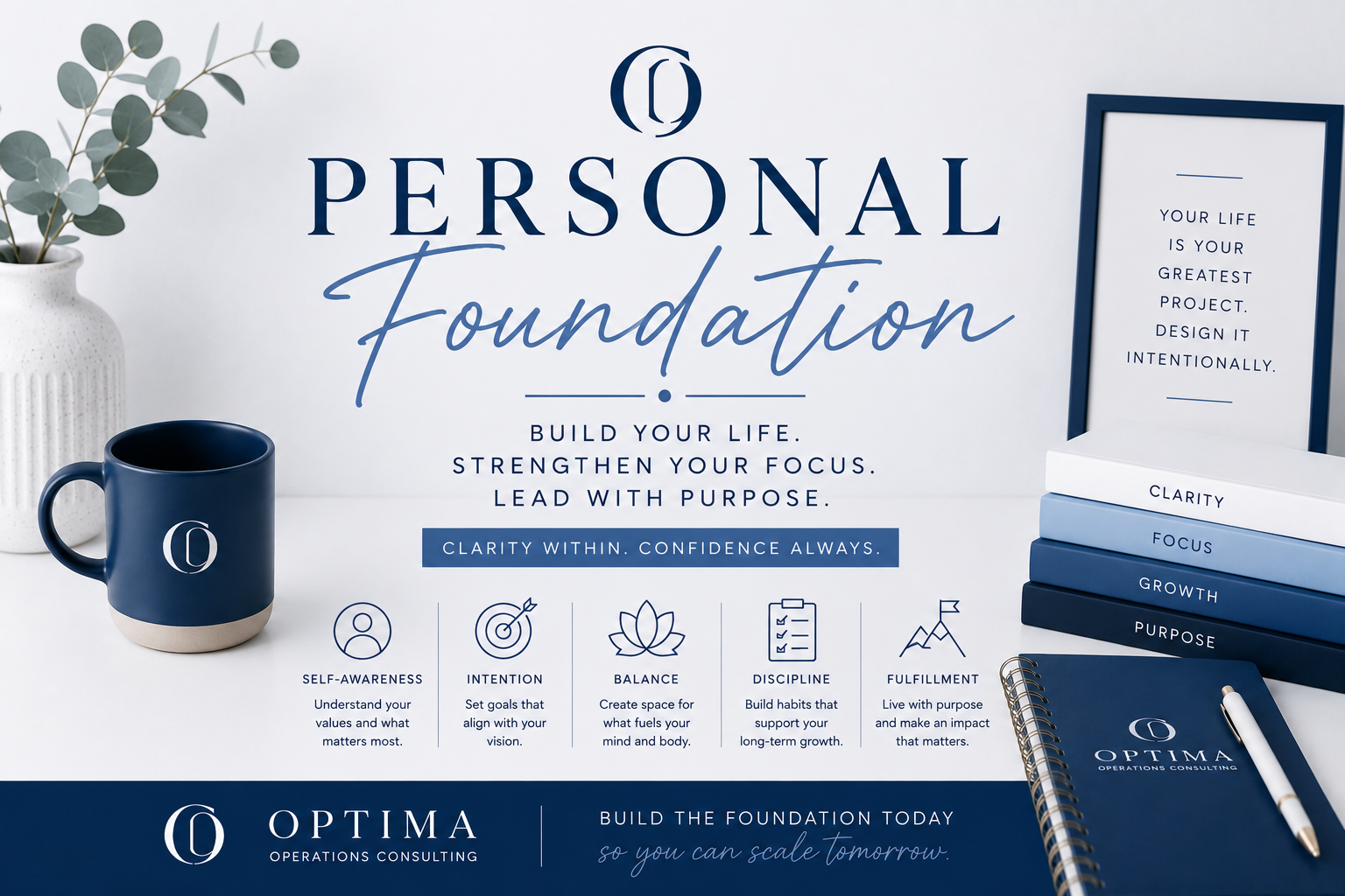 A promotional display for Optima Operations Consulting emphasizing building a personal foundation through self-awareness, intention, balance, discipline, and fulfillment, with a blue and white color scheme, a ceramic vase with green eucalyptus, a blue coffee mug with the company logo, a notebook, books, and a framed quote.