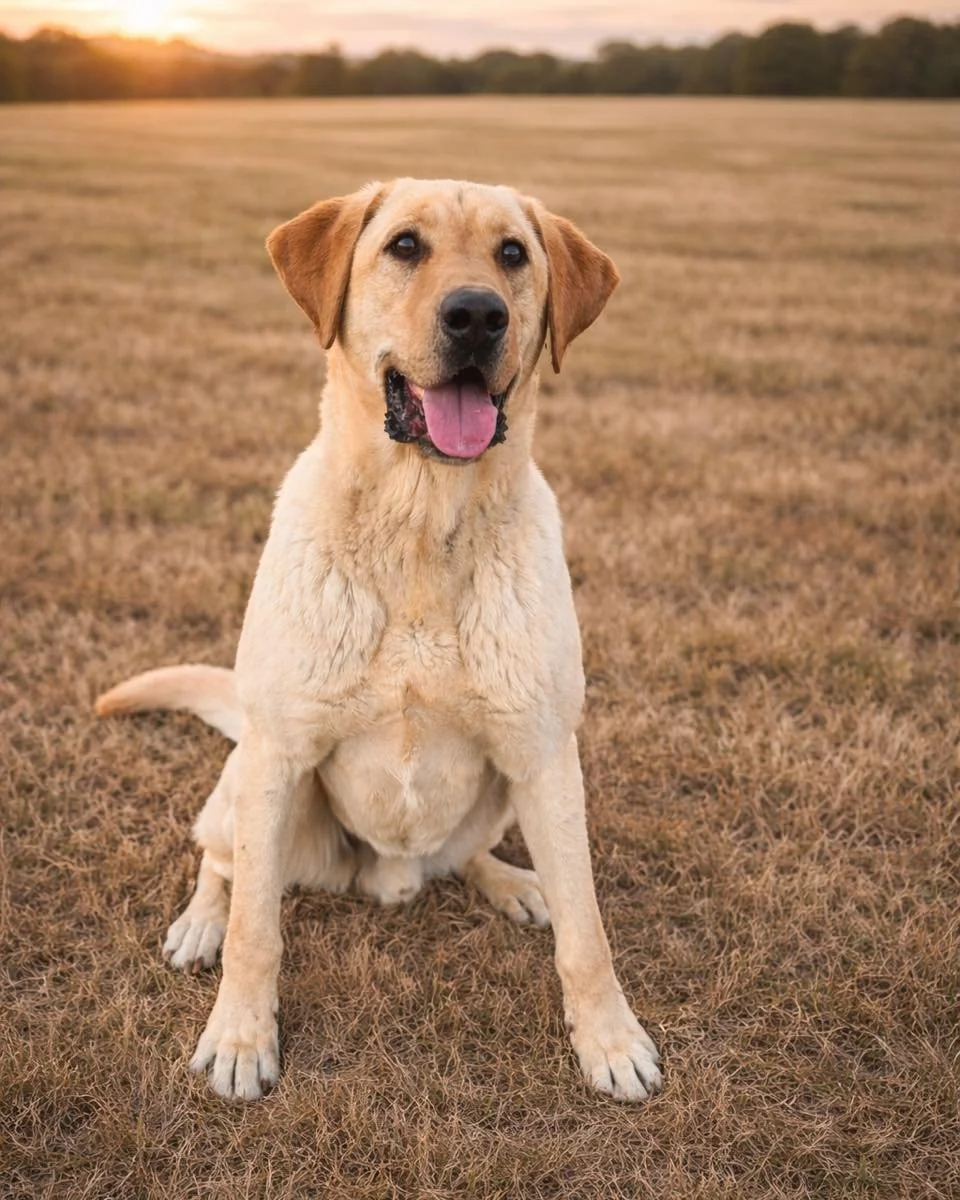 Happy yellow Labrador retriever dog sitting on dry grass field during sunset.