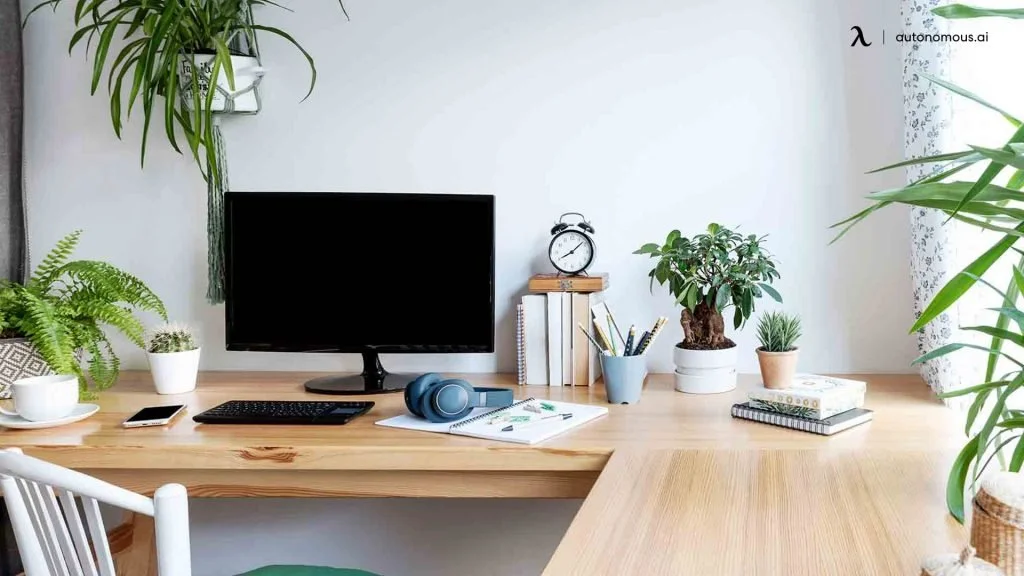 A tidy home office desk with a computer monitor, mouse, keyboard, a pair of headphones, a smartphone, a potted fern, a small cactus, a big potted banyan tree, books, an alarm clock, a cup, and office supplies, with natural light and green plants arou