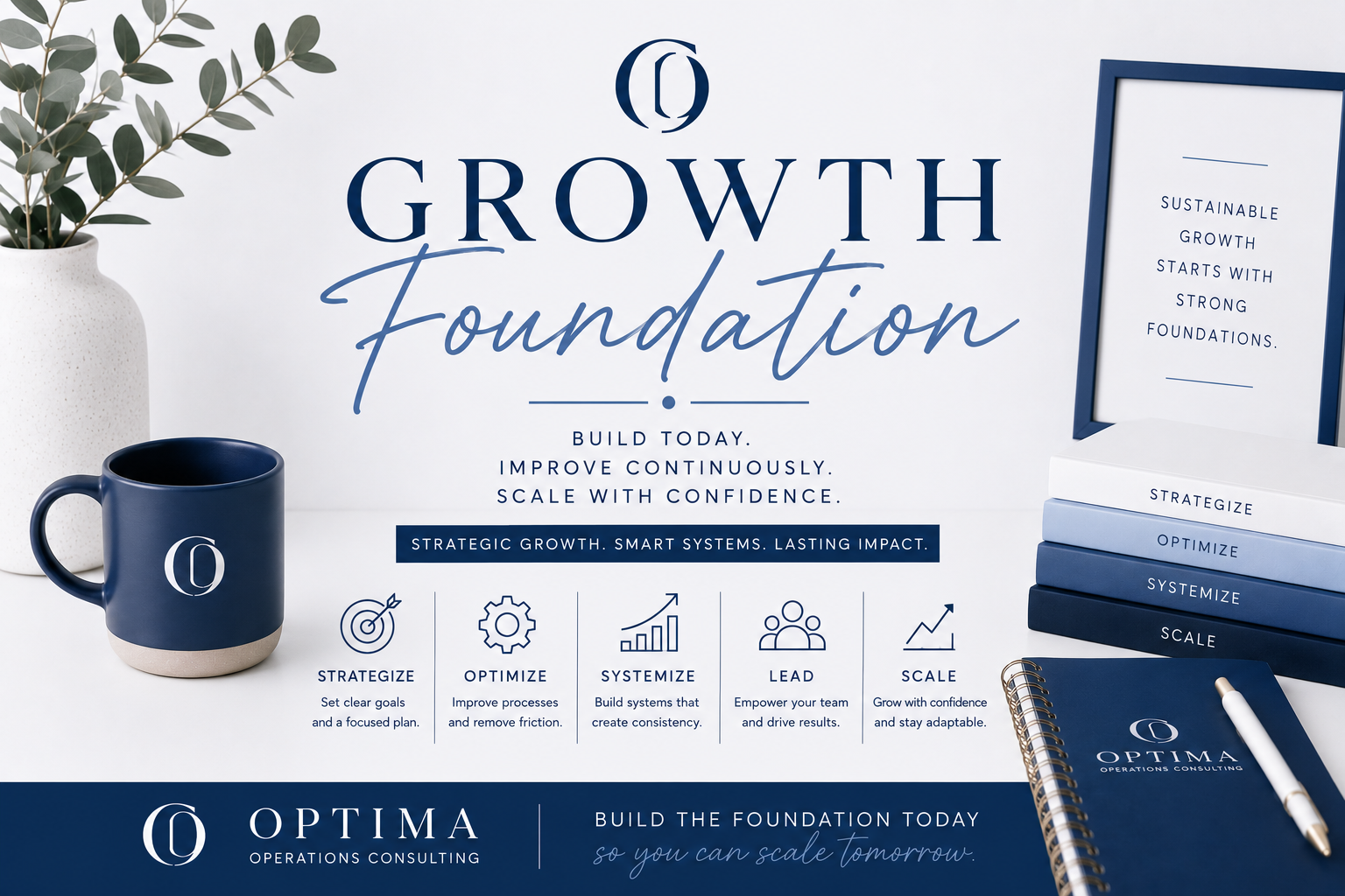 A promotional display for Optima Operations Consulting with the theme 'Growth Foundation.' The display includes a navy blue mug and a white vase with greenery, along with a stack of four books titled 'Strategize', 'Optimize', 'Systemize', and 'Scale.' A framed sign to the right reads 'Sustainable growth starts with strong foundations.' The background features the company's logo and the slogan 'Build the foundation today so you can scale tomorrow.' The display emphasizes strategic growth, smart systems, and lasting impact.