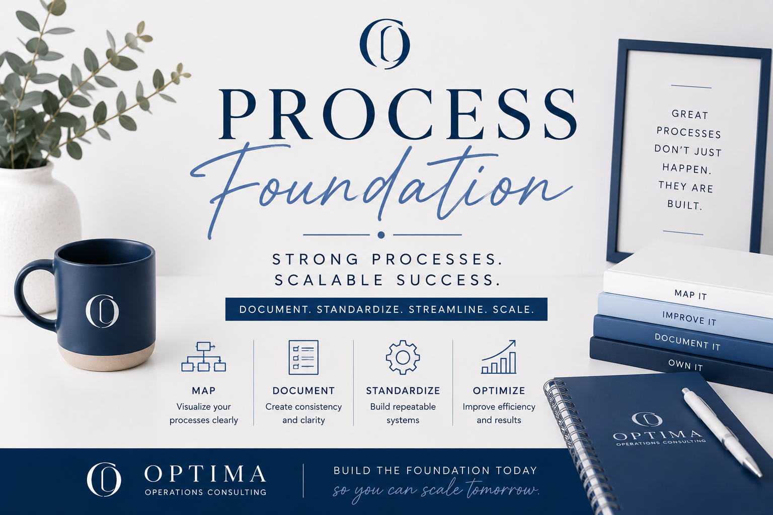 Banner promoting process foundation concepts with a white background and blue accents, including a blue coffee mug, a white vase with leaves, a framed quote, stacked books, a notebook, and a pen. The text highlights key process steps like mapping, documenting, standardizing, and optimizing.