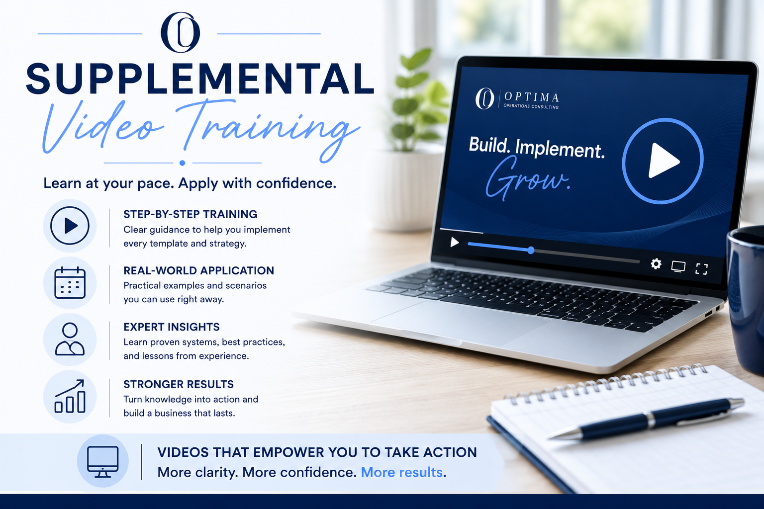 An advertisement for supplemental video training by Optima Operations Consulting. The ad features a laptop displaying a play button and a blue background with the words "Build. Implement. Grow." The left side highlights benefits such as step-by-step training, real-world application, expert insights, stronger results, and empowering videos.