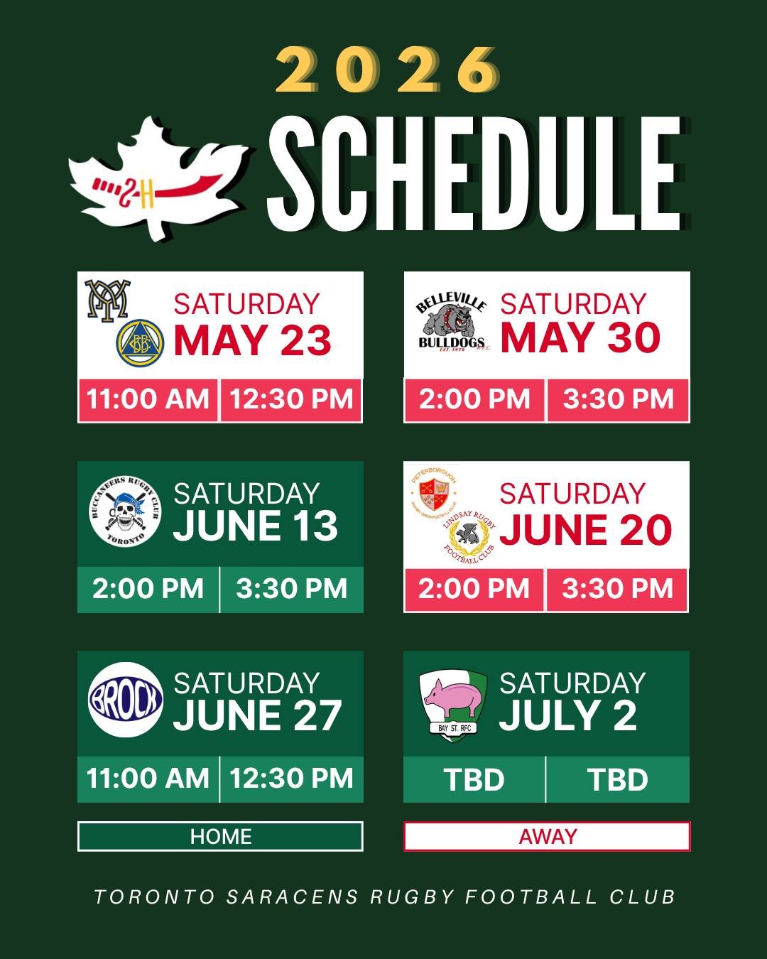 Six games. New home. Here's where we play.

First half of the season. More fixtures coming.

#TorontoSaracens #GreenAndWhite #RugbyTO #ORURugby