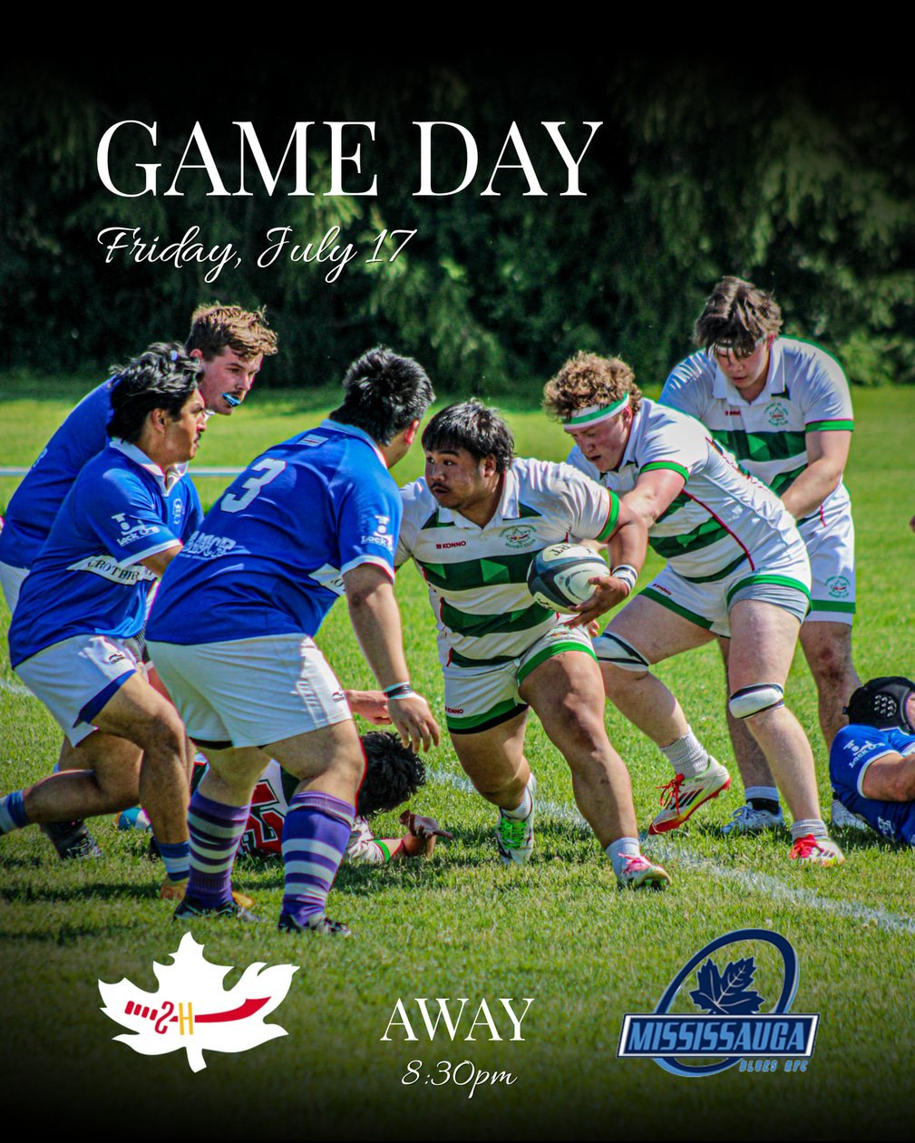 Friday night rugby.

Mississauga Blues away. Kickoff 8:30 PM.

Green + White. 

#TorontoSaracens #GreenAndWhite #RugbyTO #SaracensAway #ORURugby