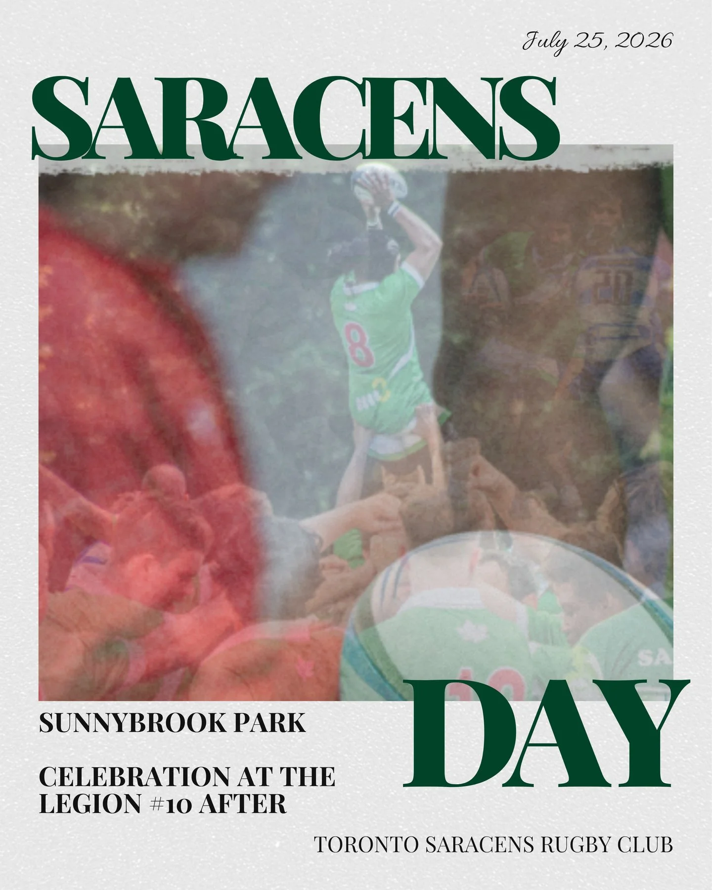 July 25. Sunnybrook. Saracens Day.

Everyone to Royal Canadian Legion Branch #10 (1083 Pape Ave) for food, drinks, and the first proper club celebration at our new hospitality partner's home.

Bring the family. Bring a mate who's never watched rugby.