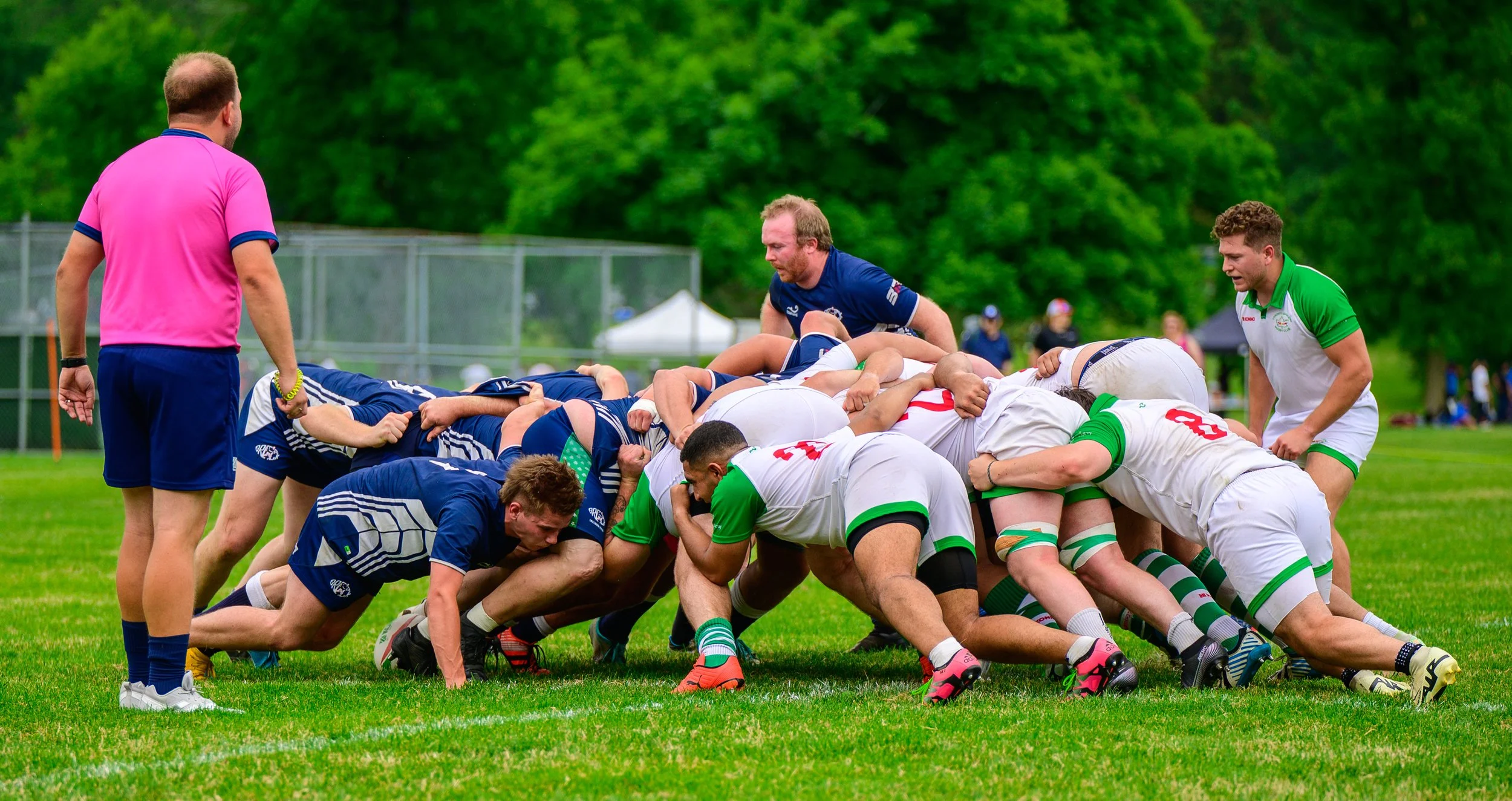 A rugby match with players engaged in a scrum on a grassy field, with a referee observing nearby and a background of trees and spectators.