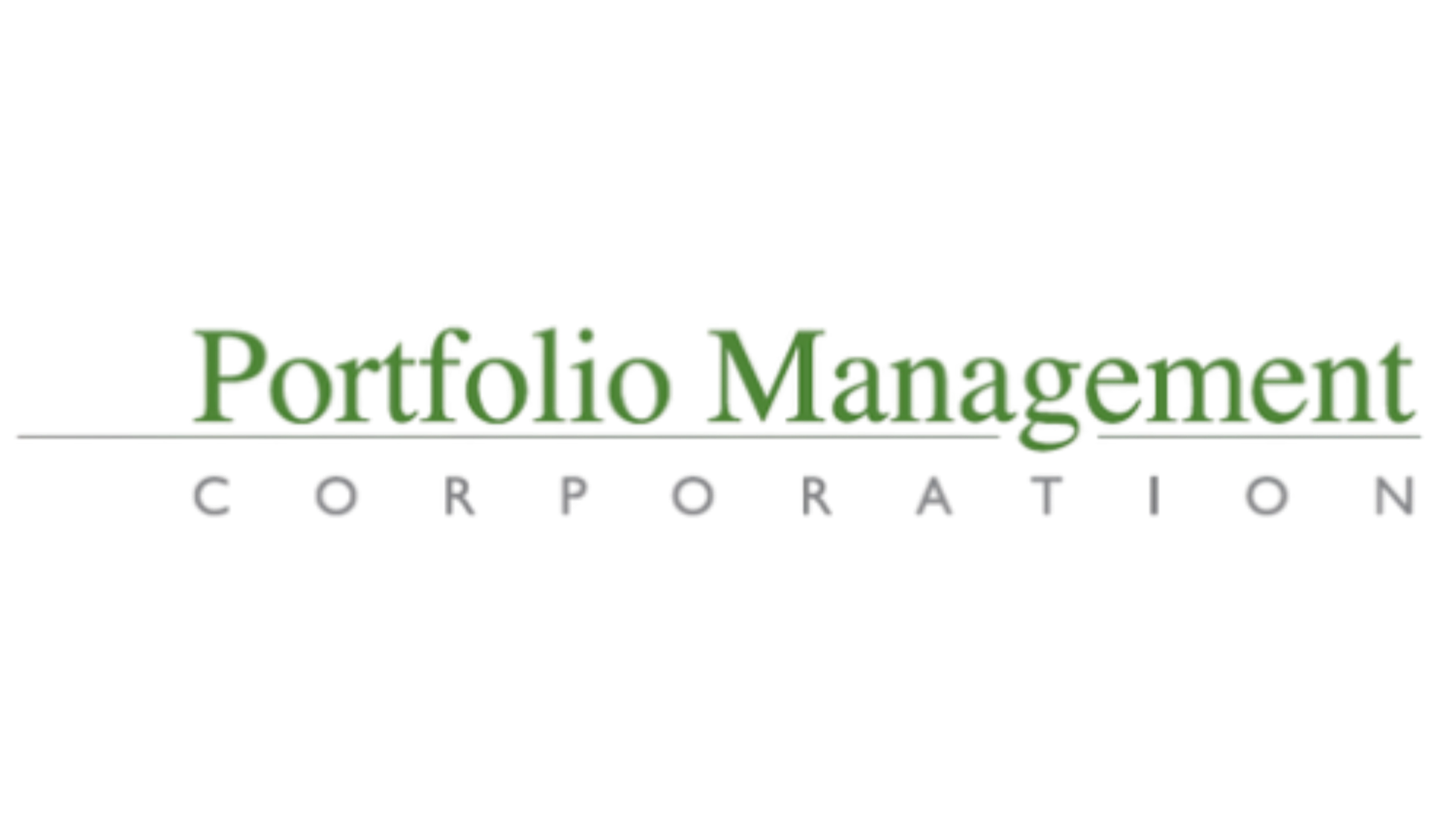Text reading 'Portfolio Management Corporation' in green and gray font on a black background.