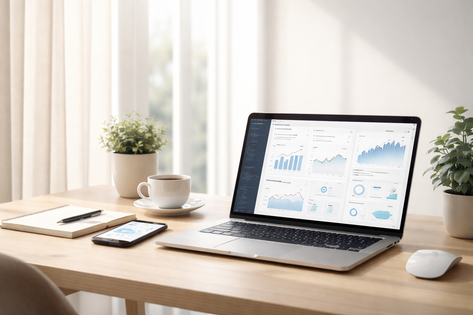 A workspace with a laptop displaying charts and graphs, a smartphone, a notepad with a pen, a cup of coffee on a saucer, and two potted plants on a wooden desk near a window with sheer curtains.