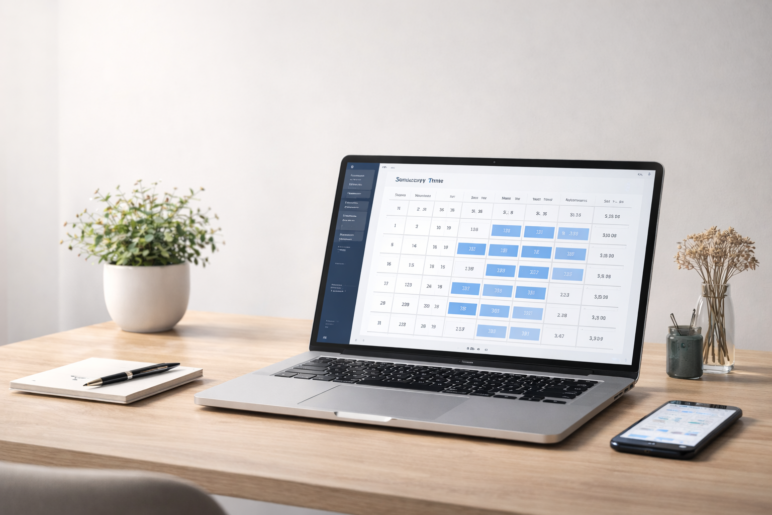 Laptop on a wooden desk displaying a schedule or calendar with blue highlights, accompanied by a smartphone, a notebook with two pens, a potted plant, and a small jar with dried flowers.