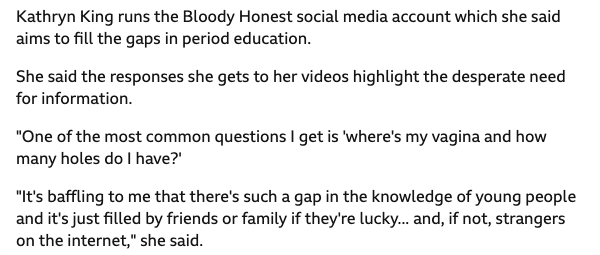 Text excerpt discussing Kathryn King running a social media account and highlighting questions about knowledge gaps in young people.
