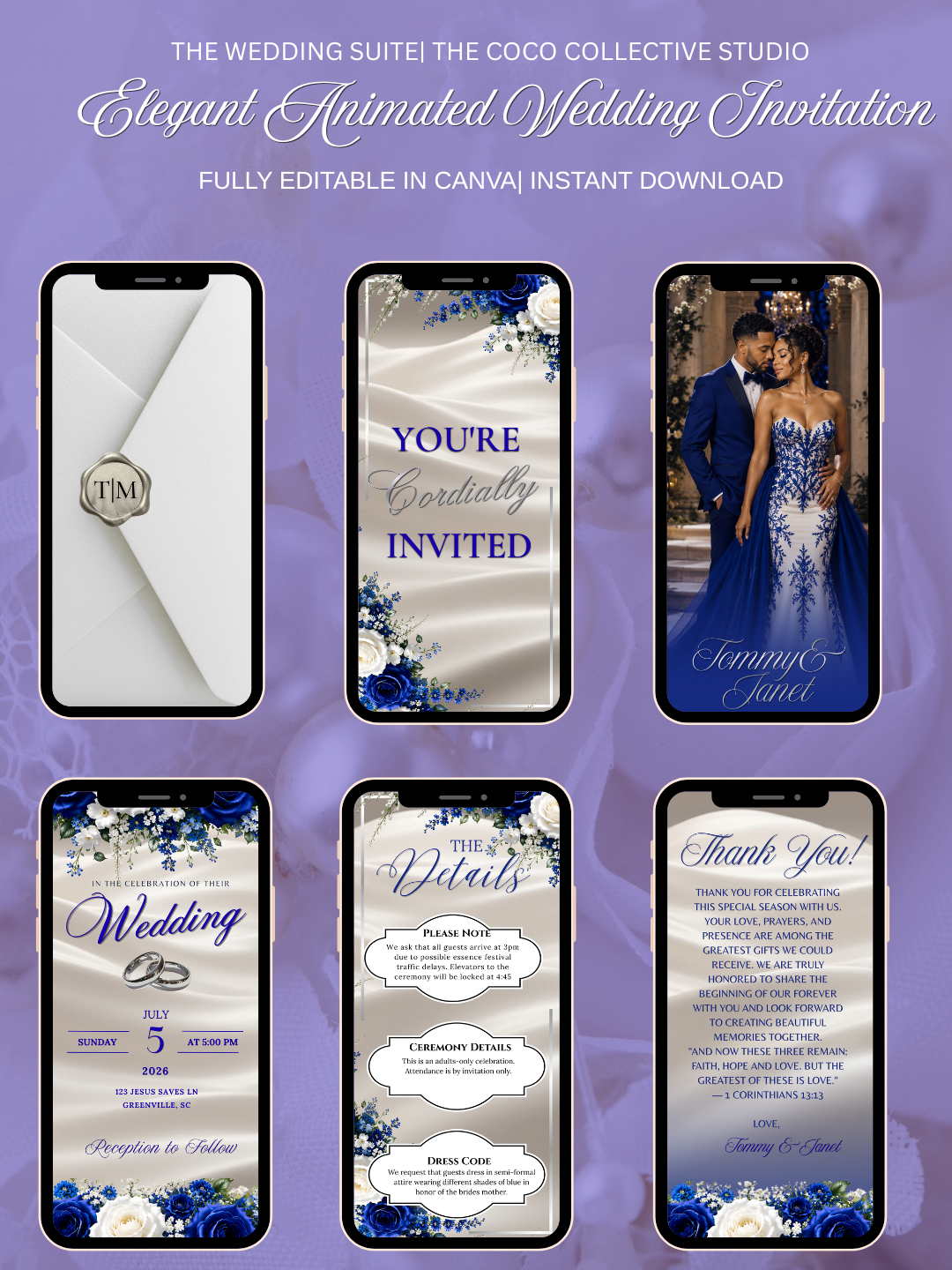 Sapphire Sovereign Edit — A Regal Royal Blue & White Digital Wedding Invitation