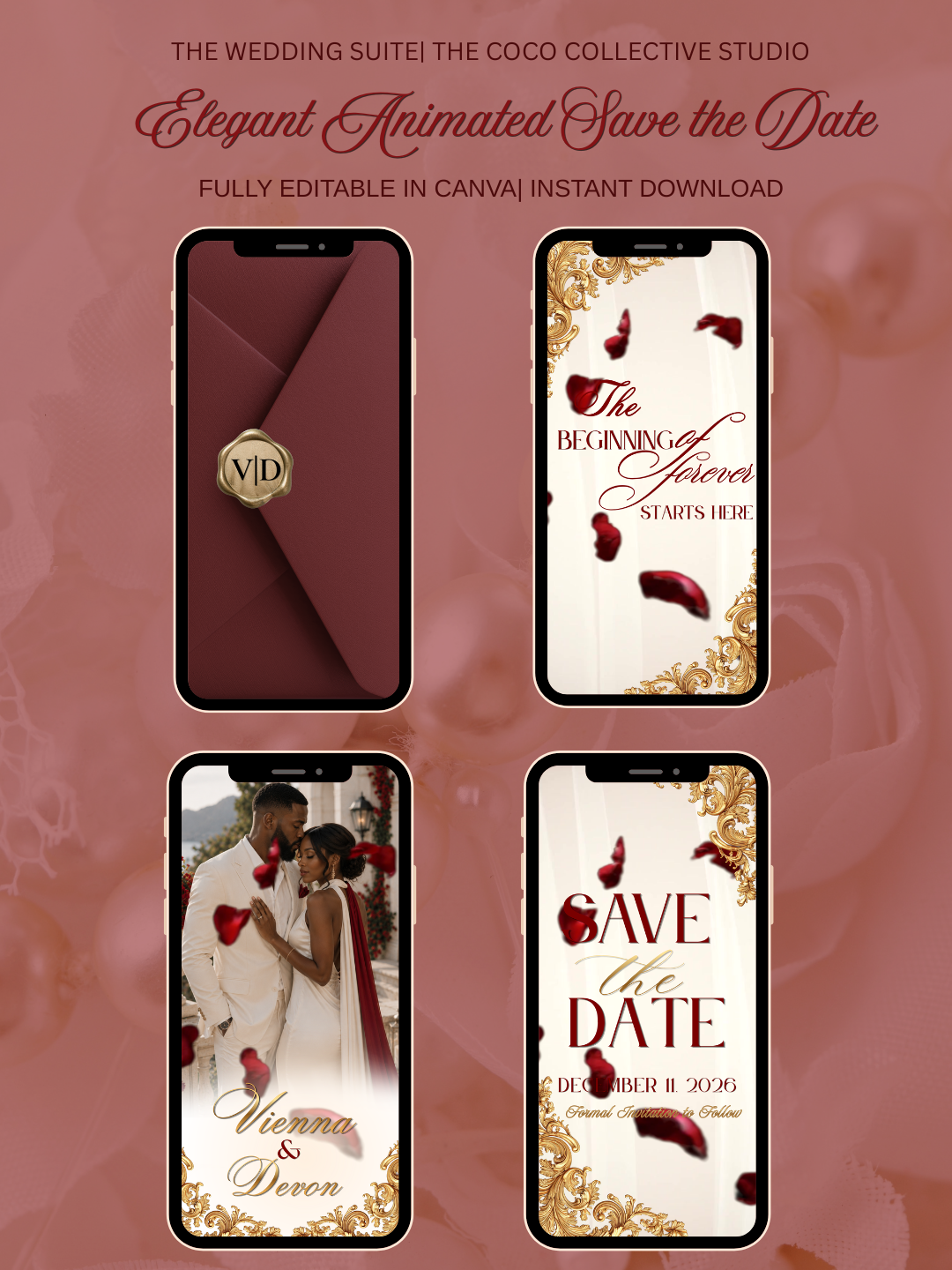 Red Velvet Gold Edit — A Rich Cream & Gold Accented Save the Date Template