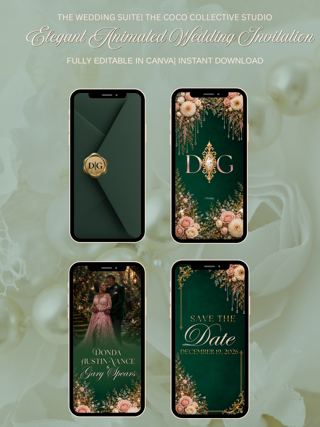 Emerald Whisper — An Enchanted Pink & Forest Green Digital Wedding Invitation edit