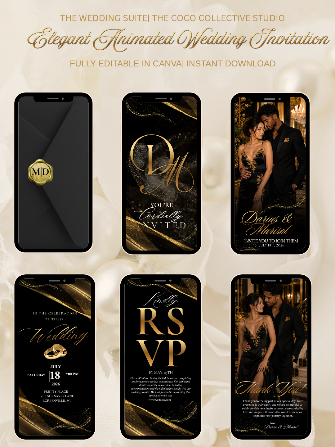 Golden Shadow Edit — A Mysterious Black & Gold Wedding Invitation Template