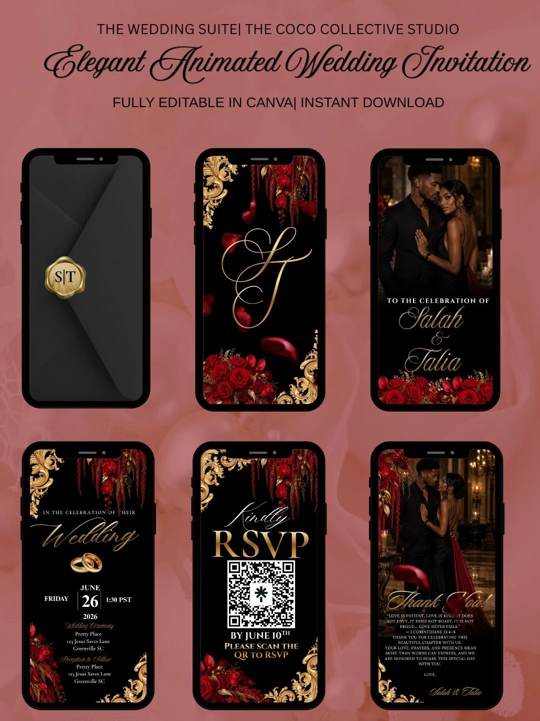 Crimson Obsidian Edit— A Striking Red & Black Wedding Invitation Template