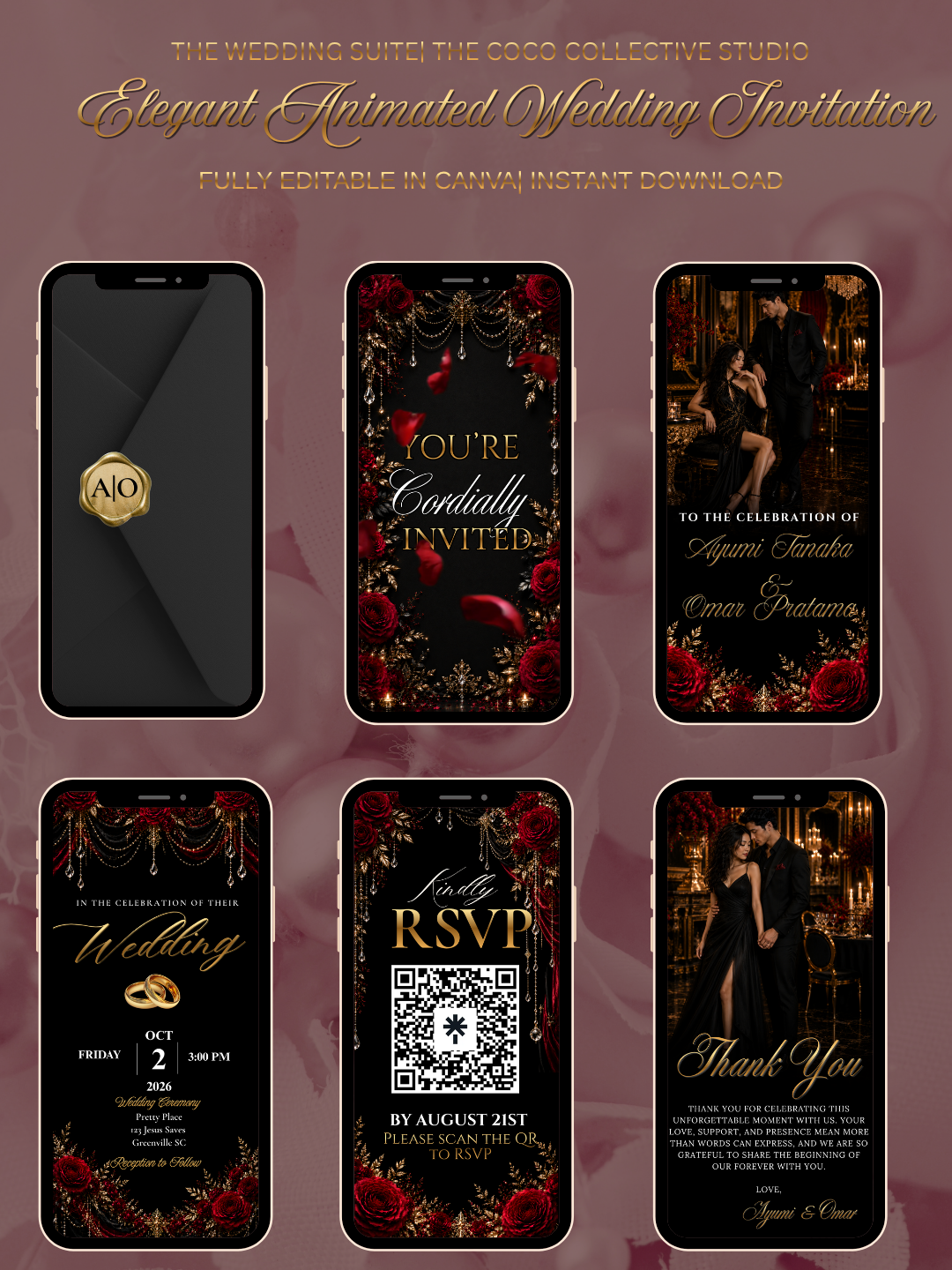 Gilded Crimson Edit — A Refined Black, Red & Gold Wedding Invitation Template
