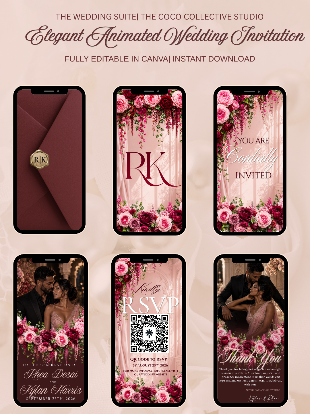 Blushing Flora Edit — A Delicate Pink & Crimson Wedding Invitation Template