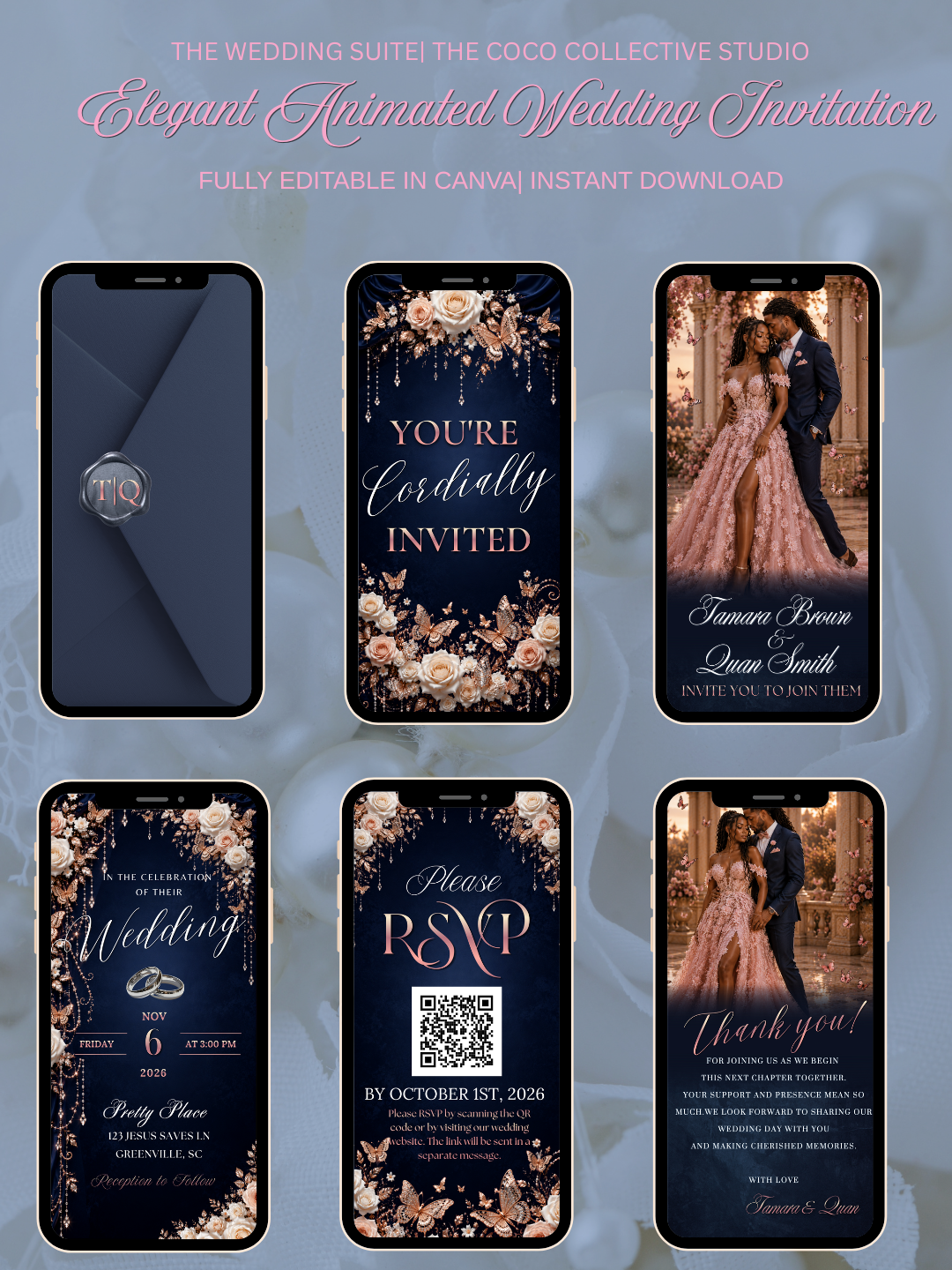 Midnight Flutter — A Striking Pink & Navy Butterfly Digital Wedding Invitation