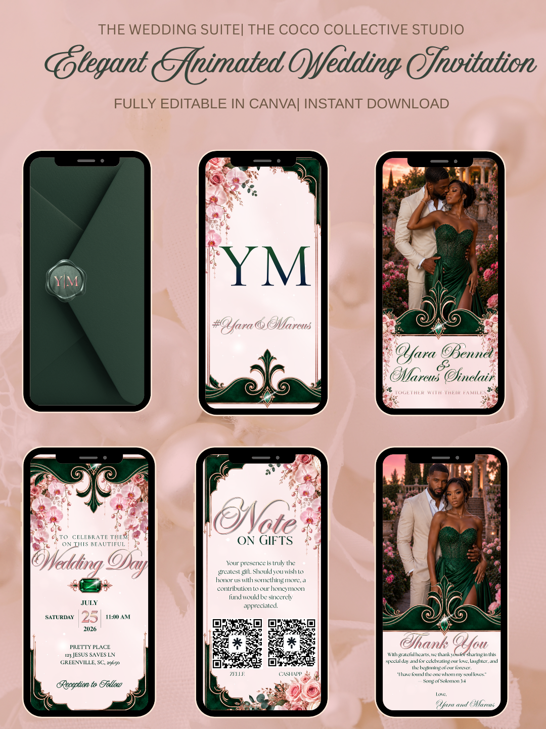 Rosewood Bloom Edit — Pink & Dark Green Wedding Invitation Template