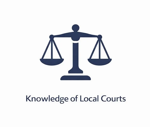 Icon of a balance scale with person holding it and text 'Knowledge of Local Courts'.
