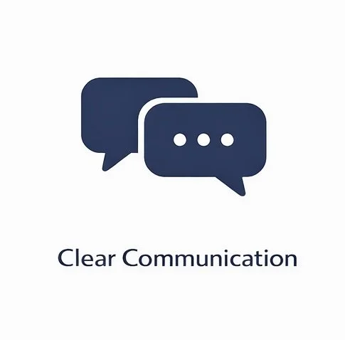 Icon of two speech bubbles with three dots inside, representing communication. Text below reads 'Clear Communication'.