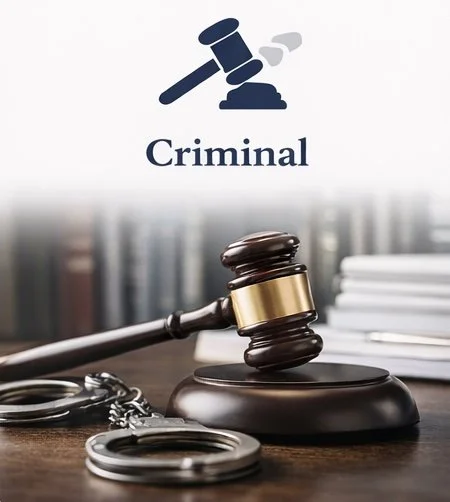 Gavel and handcuffs on a wooden table, with a blurred bookshelf in the background, and the word 'Criminal' above a gavel icon.