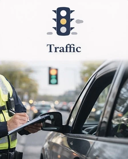 Traffic police officer taking notes at a traffic stop on a busy street with a traffic light showing green.