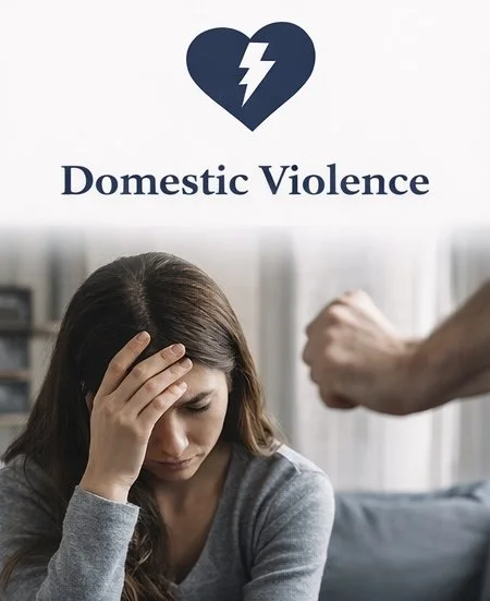 Illustration of a broken heart with a lightning bolt, above the text "Domestic Violence," and a woman sitting on a couch holding her head while a person points a finger at her.