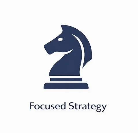 A navy blue knight chess piece logo with the words "Focused Strategy" underneath.