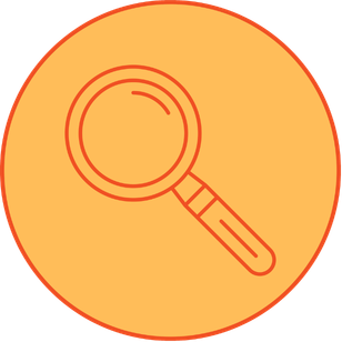 Magnifying glass icon on an orange background.