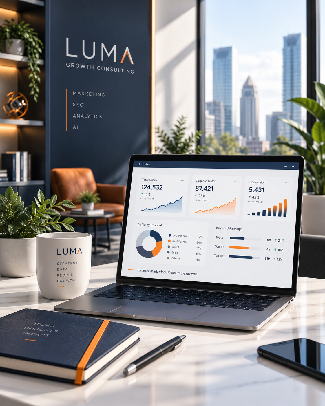 Office workspace with a laptop displaying analytics data, a cup with 'LUMA Strategy Data People Growth' text, a notebook, and a pen on a white desk. A large window shows city skyscrapers, and a dark blue wall with 'LUMA Growth Consulting' and services list.