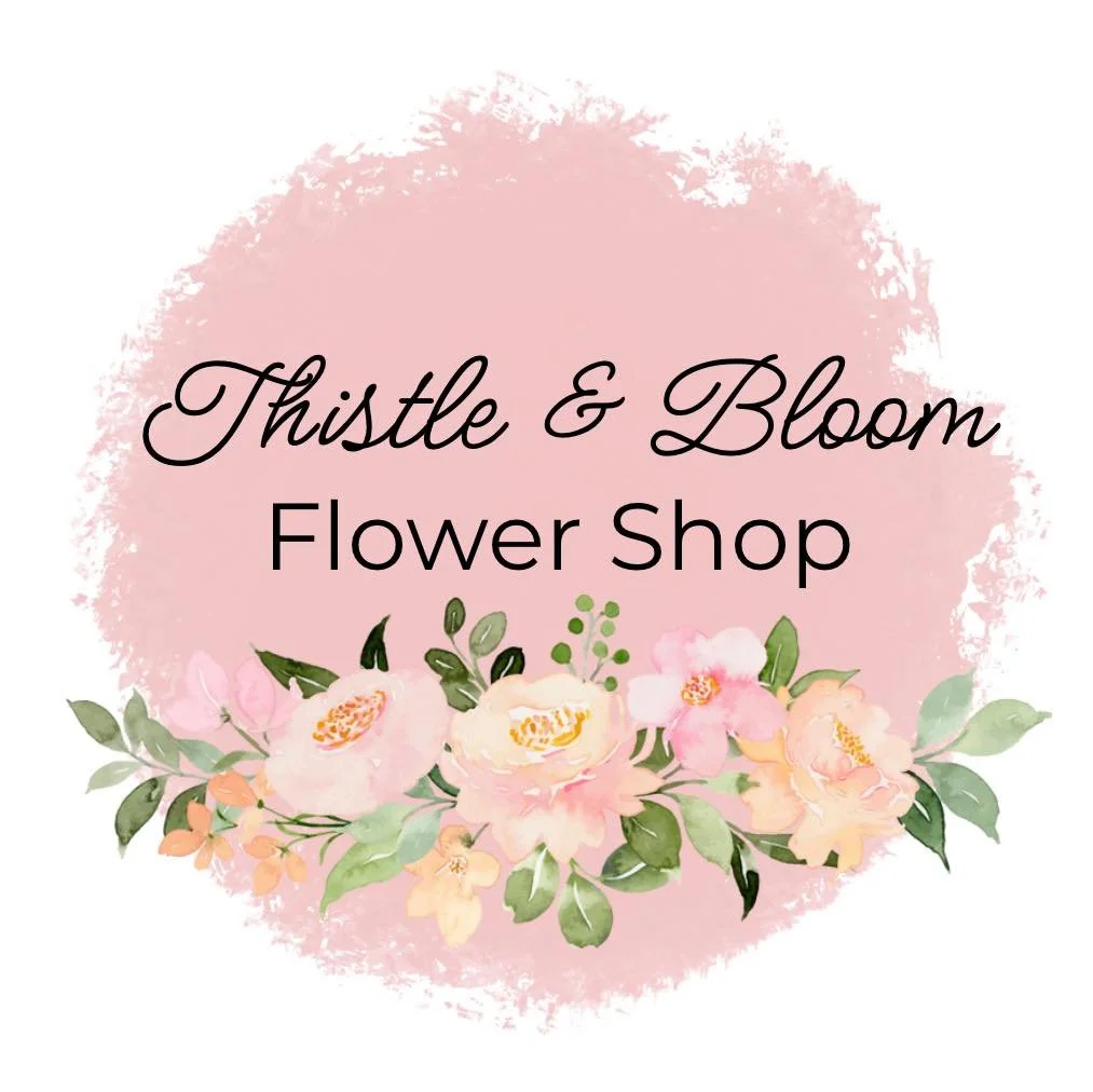 A logo for Thistle & Bloom Flower Shop featuring pink watercolor background, floral illustrations, and styled text.