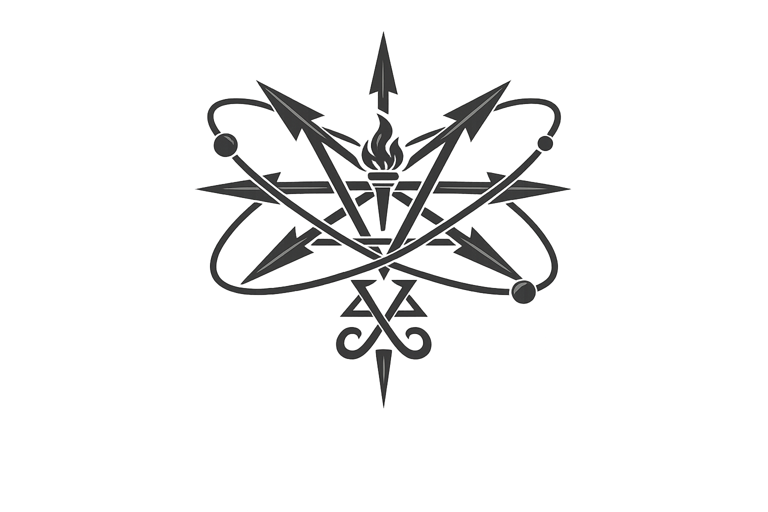 A black and gray emblem featuring an atom with central electrons orbiting around a nucleus, with multiple arrows pointing in various directions, and a torch with a flame at the center.