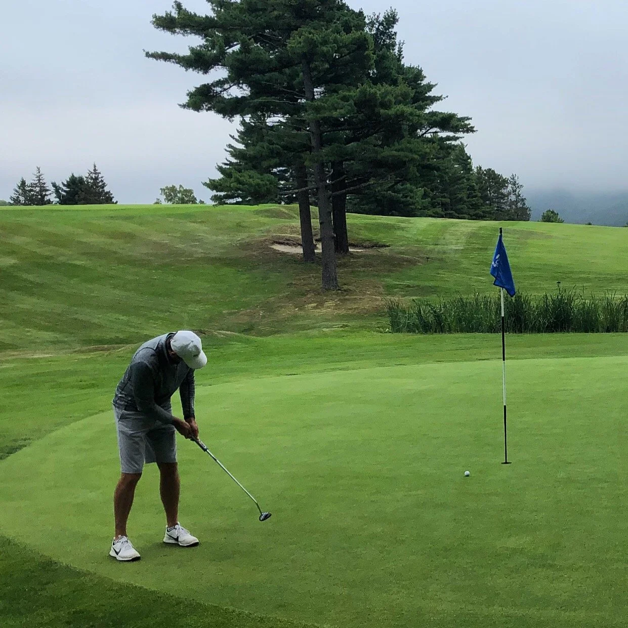A man playing golf on a green golf course near a flagstick, with trees and a cloudy sky in the background.