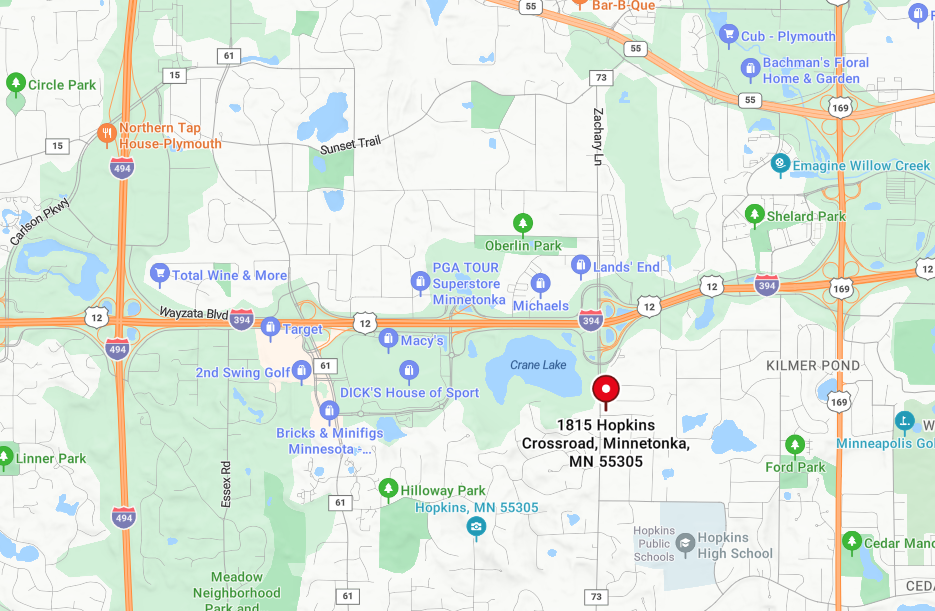 This is a map showing that Fire Station 2 is located at 1815 Hopkins Crossroad. This is just South of 394, East of 73, and North of Hopkins High School. It is near the Ridgedale Mall.