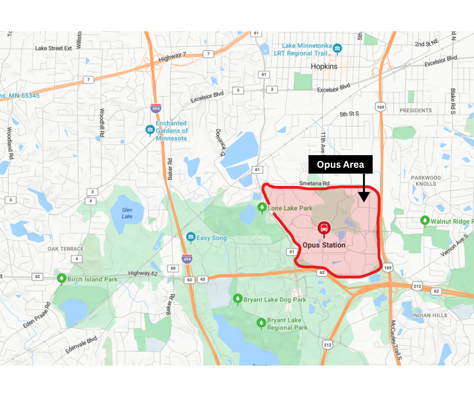 Map image showing the opus area which is located in the South-East corner of Minnetonka. Boundary lines include Shady Oak Road to the West, highway 169 to the East, highway 62/crosstown to the South, and Smetana Road to the North.