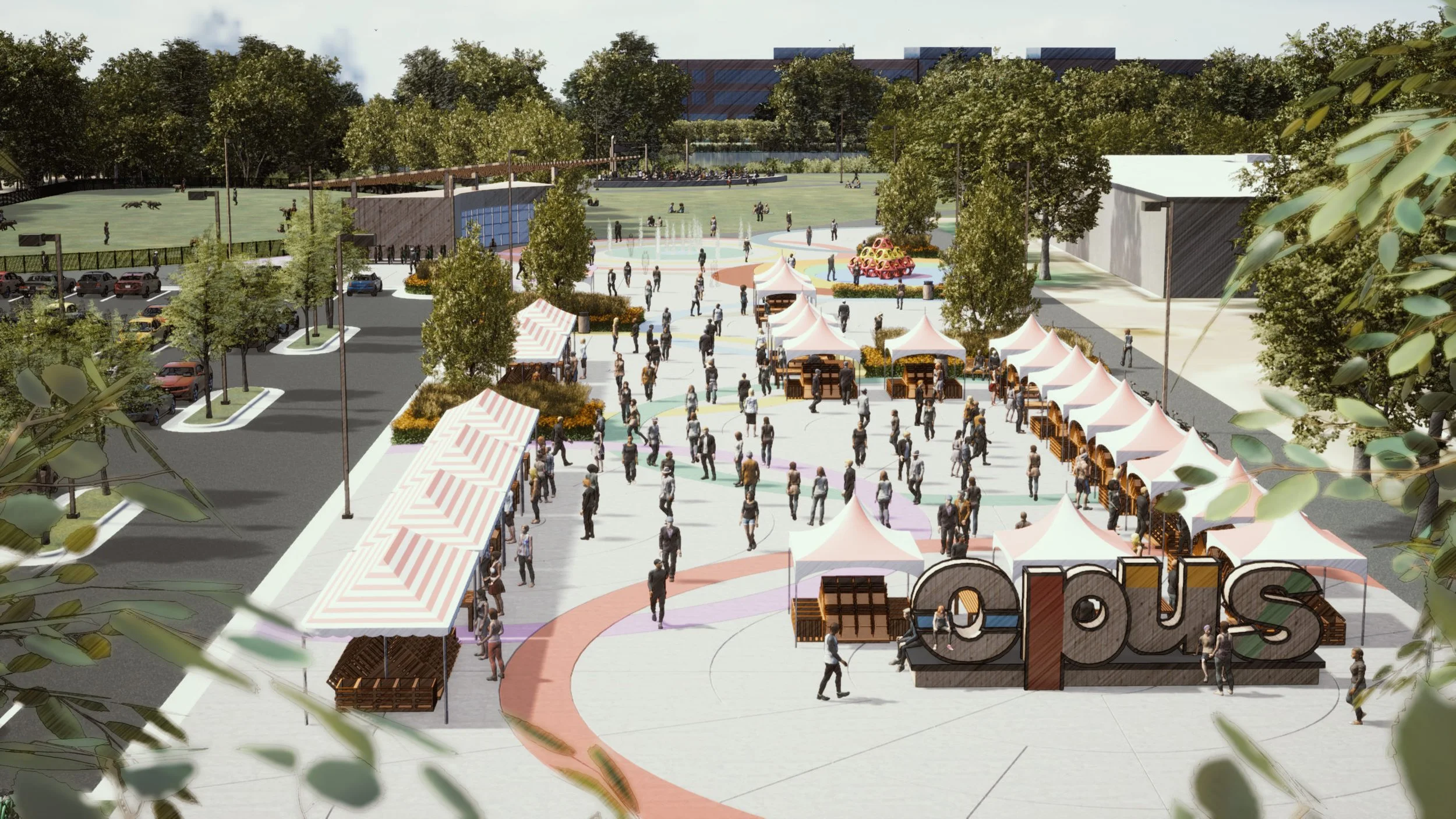 A bird's-eye view of an outdoor community event space with tents, people, trees, and a large sign that reads 'EPLUS' in front of a park with sports fields and a water fountain.