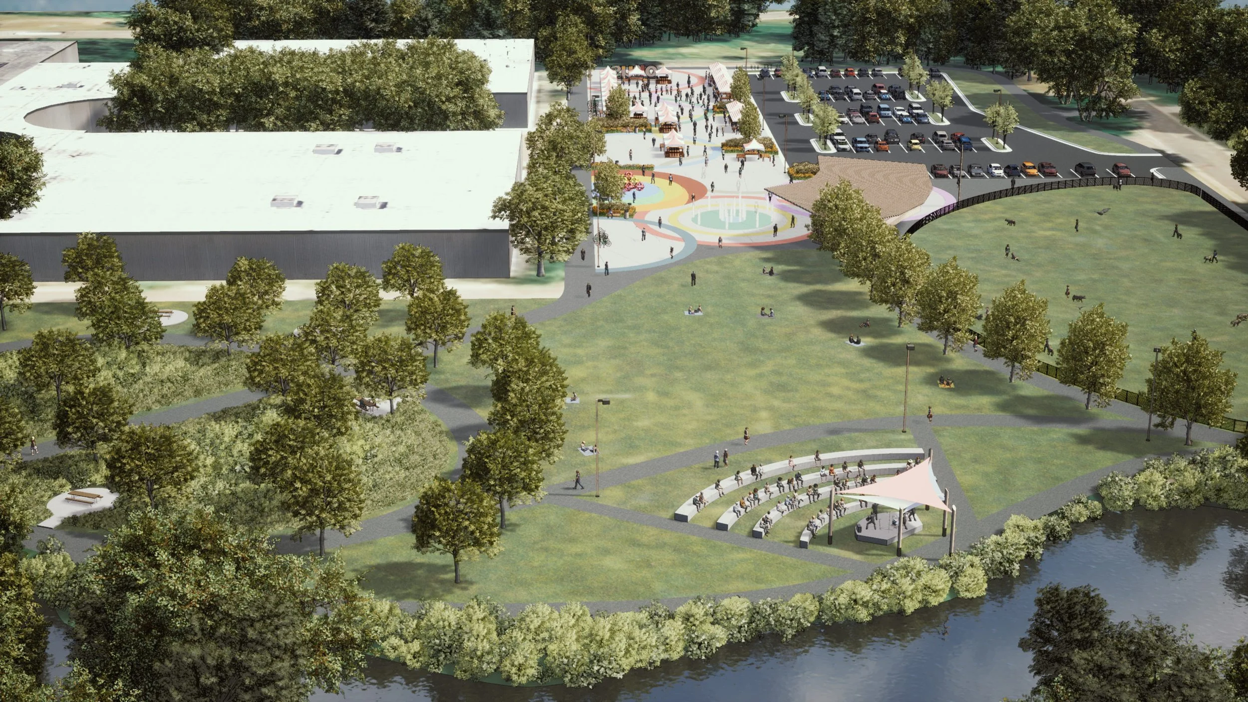 A digital rendering of a park with walking paths, trees, a large grassy area, a pond with bushes, and a stage with seating. In the background, there is a parking lot and a colorful area with small buildings for events or food vendors.