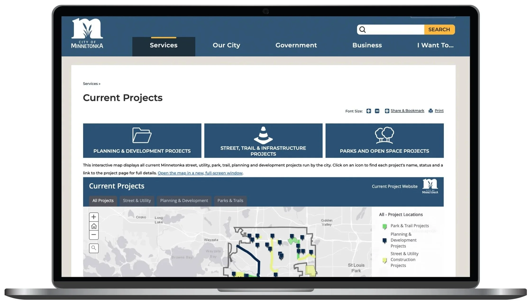 Screenshot of the City of Minnetonka's website displaying current infrastructure projects including planning, development, street, trail, parks, and open space projects with an interactive map.