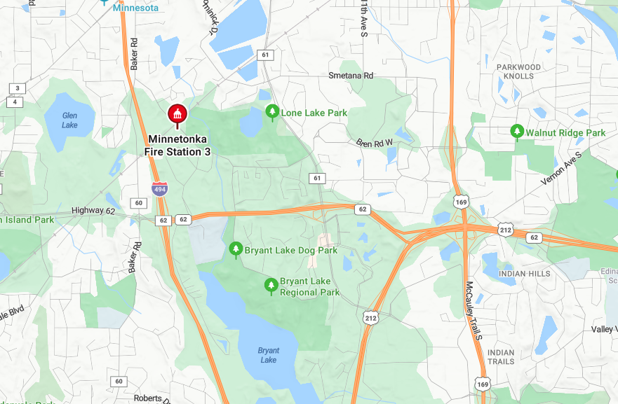 Map showing that Minnetonka Fire Station 3 is located at 5700 Rowland Road. This is in the Opus area just East of 494 and north of Highway 62.