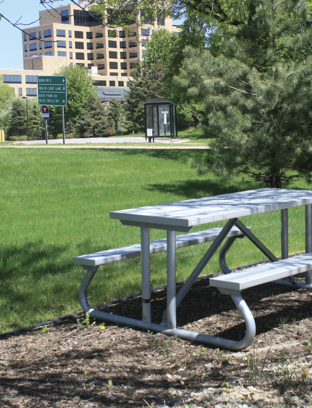 An empty white picnic table with a metal frame situated on dirt, next to a green pine tree in a park. In the background, there is a bus stop shelter and a grassy area with trees, with city buildings and street signs visible behind.